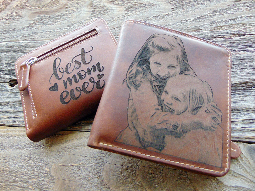 Personalized wallet gift for her, Photo engraved purse, minimalist RFID leather wallet, customized gift for mom, mothers day gift