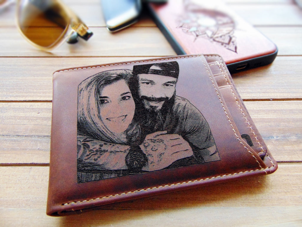 Valentine's day gift wallet, Personalized Father's day gift for men, photo engraved leather wallet, birthday, anniversary gift, slim RFID