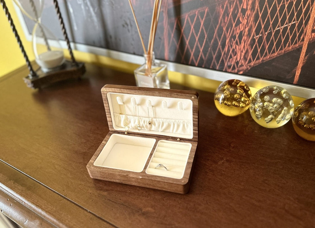 Personalized engraved wood jewelry box, Earring ring bracelet box, Jewelry organizer, Abalone shell inlay walnut wood jewelry box