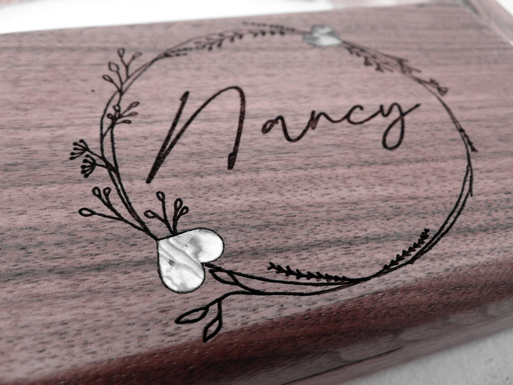 Personalized engraved wood jewelry box, Earring ring bracelet box, Jewelry organizer, Abalone shell inlay walnut wood jewelry box