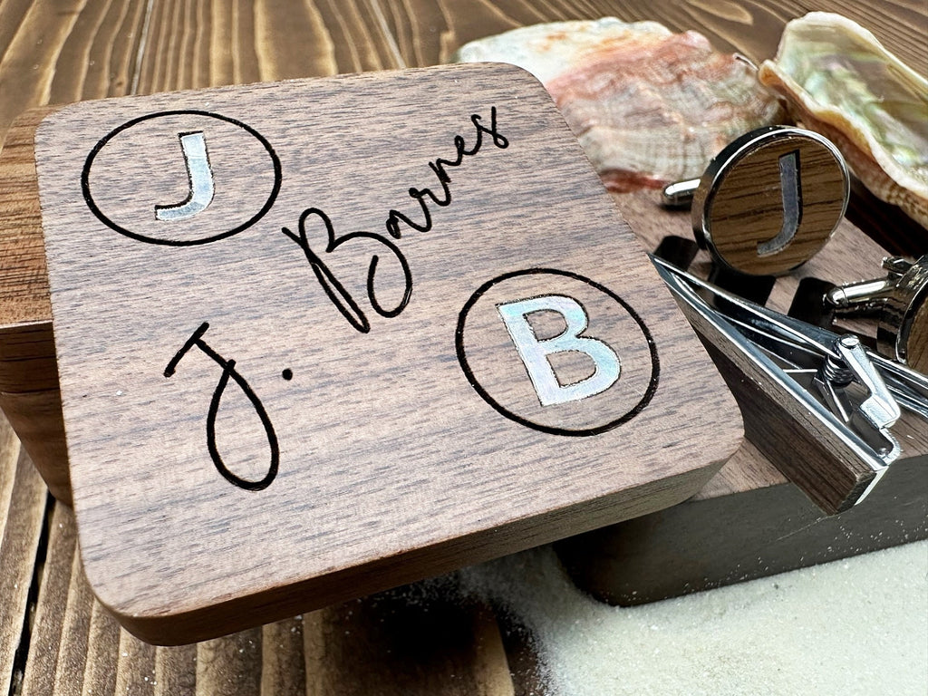 Personalized Cufflinks Engraved Gift in Wooden Box Custom Gift for Him Groomsman Cuff Links & Tie Clip Set