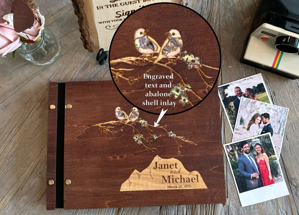 Personalized Polaroid Guest Book for Weddings - Engraved Wood Cover, Photos & Messages, Rustic Photobooth Album