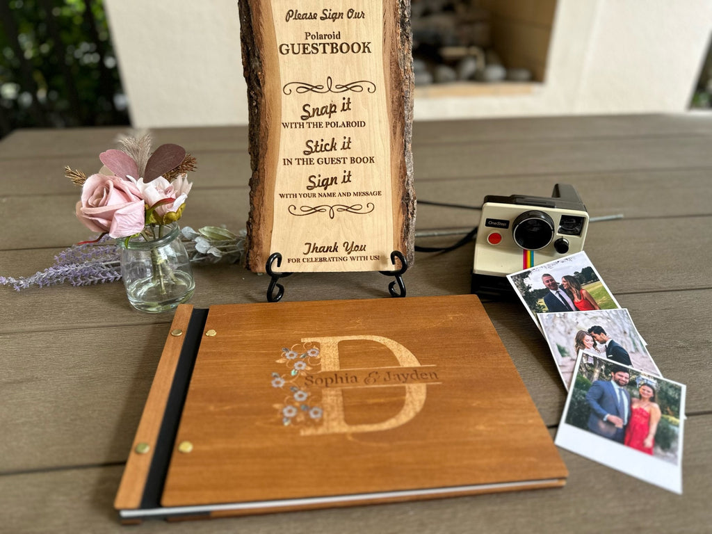 Personalized Polaroid Guest Book for Weddings - Engraved Wood Cover, Photos & Messages, Rustic Photobooth Album
