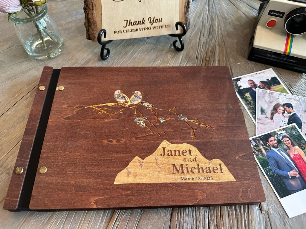 Personalized Polaroid Guest Book for Weddings - Engraved Wood Cover, Photos & Messages, Rustic Photobooth Album