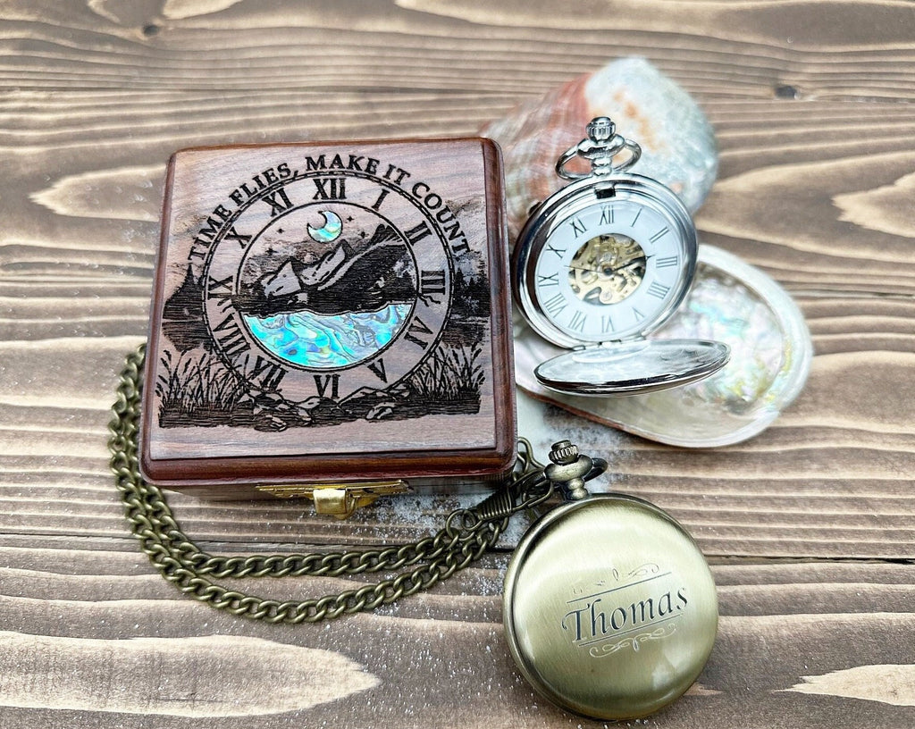 Engraved Pocket Watch in Exquisite Abalone Decorated Keepsake Box - Personalized Gift for Special Occasions