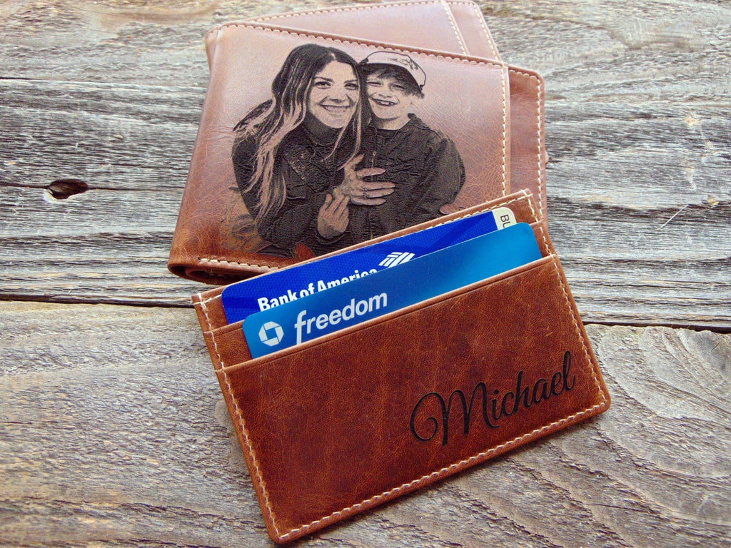 Personalized Christmas gift for him, leather mens wallet with removable cardholder, custom birthday gift, photo engraved RFID blocking