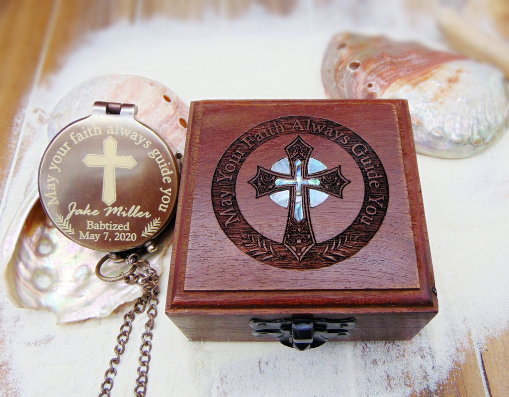 Baptism compass gift, Vintage-inspired Compass in Wooden Box for Baptism - Charm and Guidance Combined.