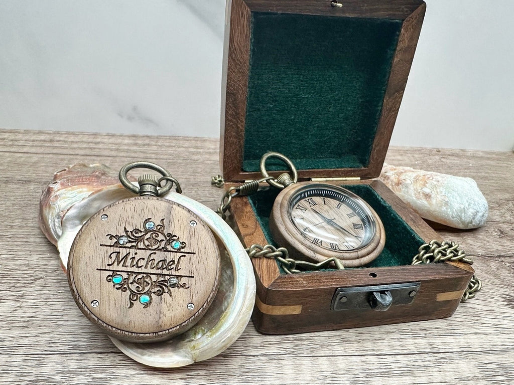 Engraved Wood Pocket Watch and wooden Box – Personalized Graduation Gift, Birthday gift for Him
