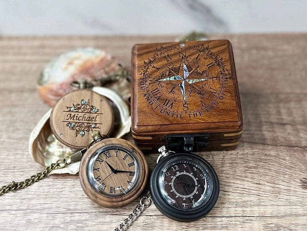 Engraved Wood Pocket Watch and wooden Box – Personalized Graduation Gift, Birthday gift for Him