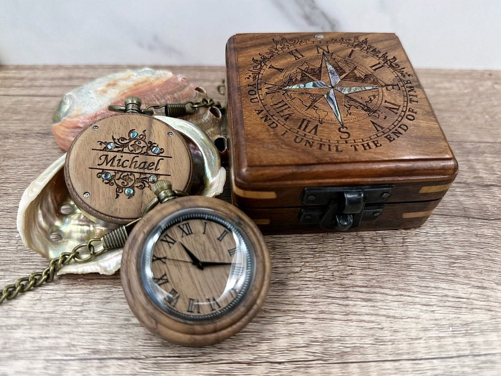 Engraved Wood Pocket Watch and wooden Box – Personalized Graduation Gift, Birthday gift for Him