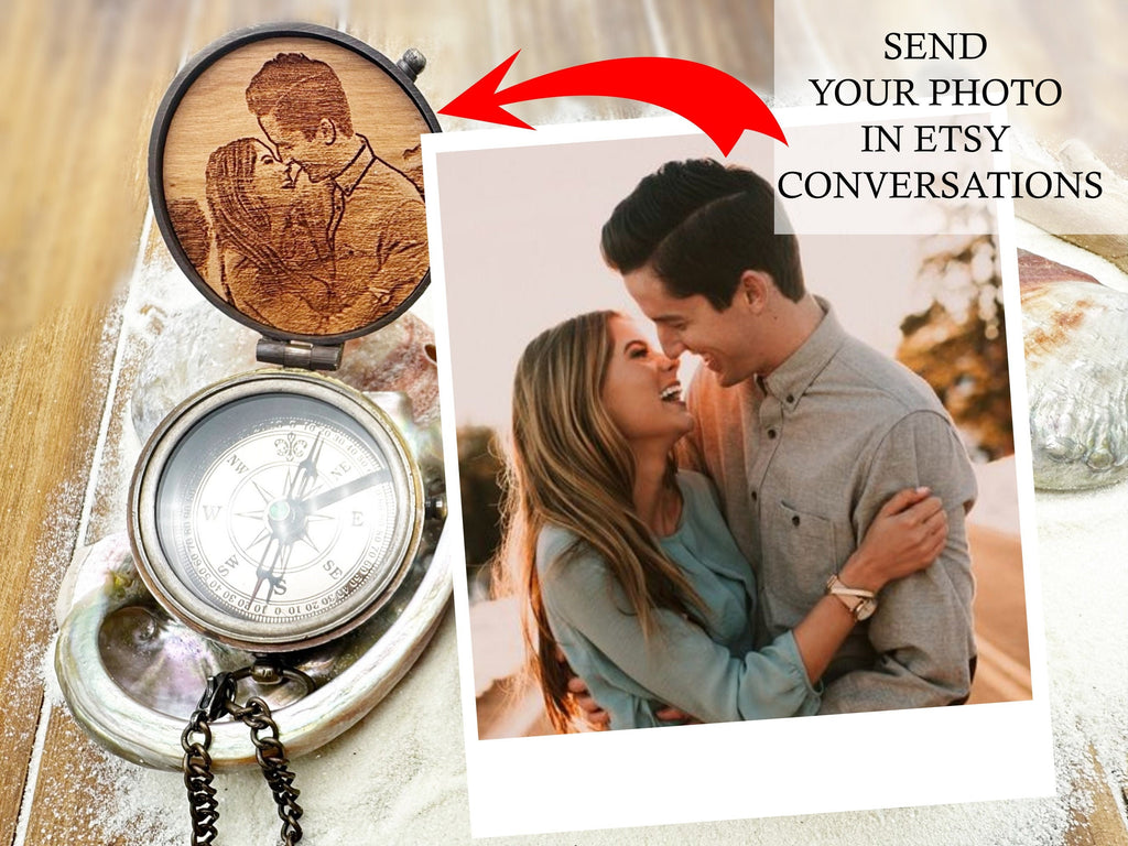 Birthday gift for him, personalized engraved compass in shell inlay decorated wood box.