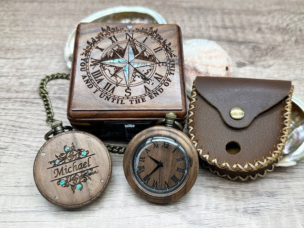 Engraved Wood Pocket Watch and wooden Box – Personalized Graduation Gift, Birthday gift for Him