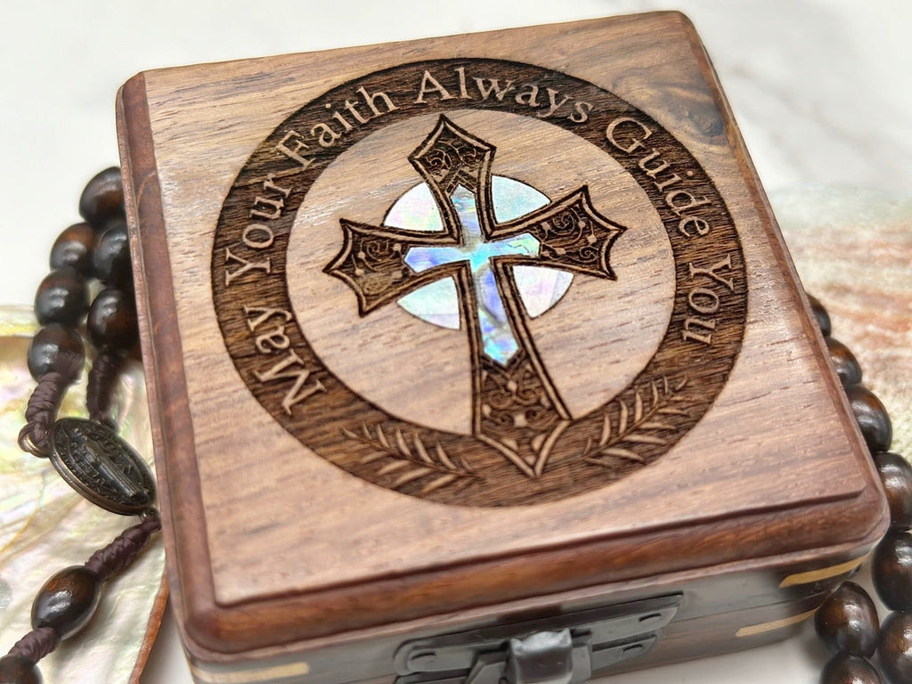 Rosary Necklace in wooden keepsake box - Boho Chic Religious Jewelry