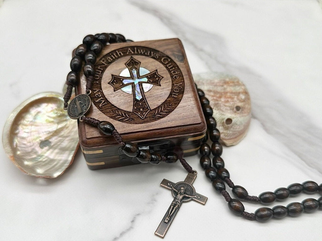 Rosary Necklace in wooden keepsake box - Boho Chic Religious Jewelry