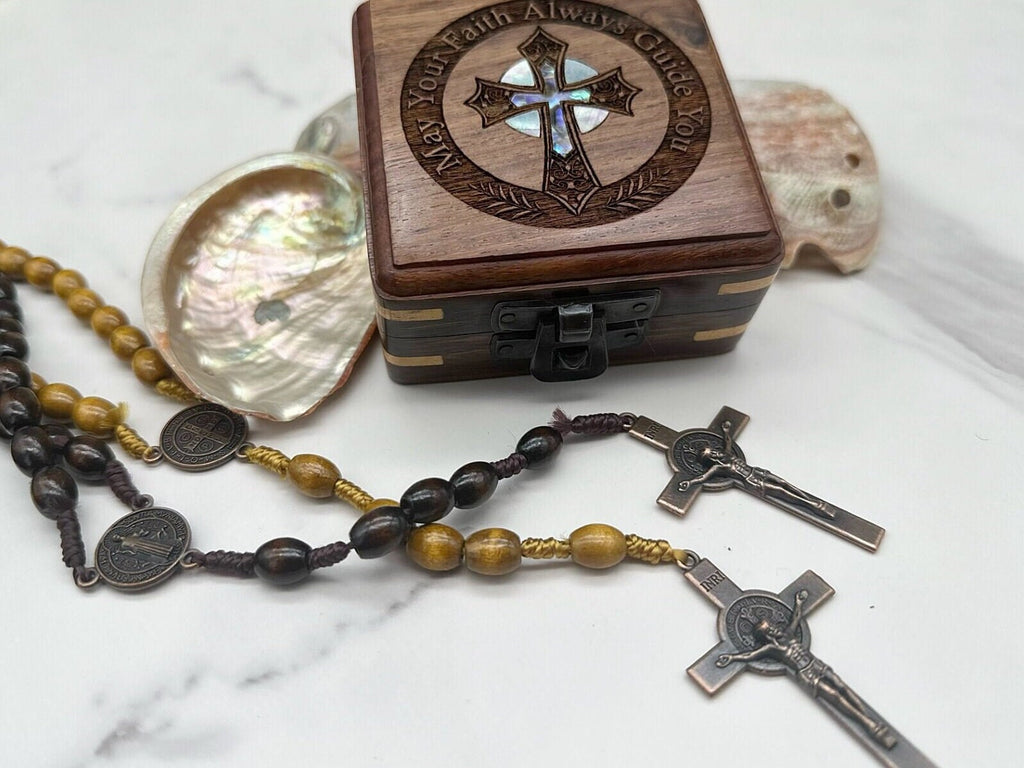 Rosary Necklace in wooden keepsake box - Boho Chic Religious Jewelry
