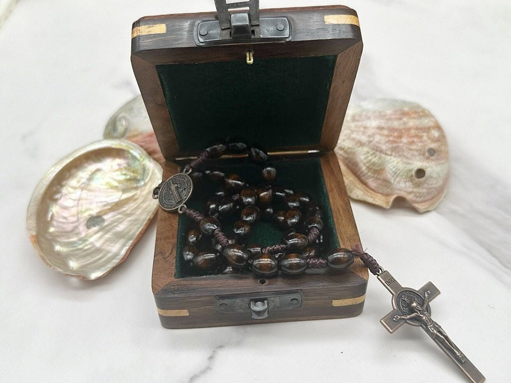 Rosary Necklace in wooden keepsake box - Boho Chic Religious Jewelry
