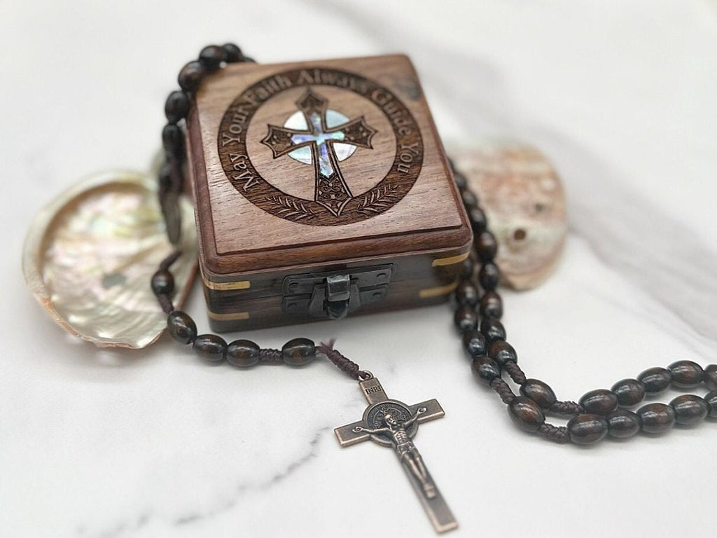 Rosary Necklace in wooden keepsake box - Boho Chic Religious Jewelry