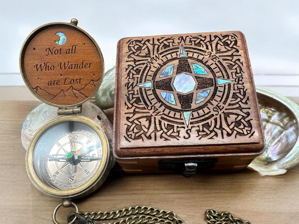 Personalized pocket compass - Sentimental gifts for boyfriend, best friend - Birthday, Anniversary gift - compass in wooden keepsake box