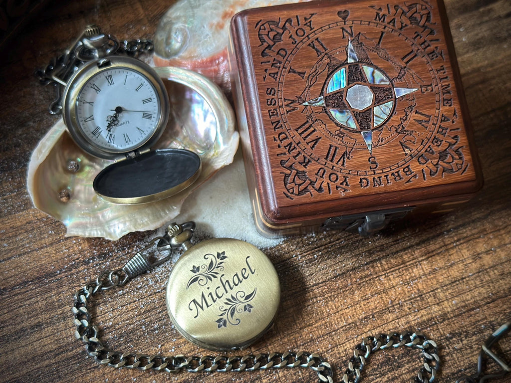 Personalized Pocket Watch in Abalone Decorated Keepsake Box - Sentimental Gifts for Boyfriend - Groomsmen Gift