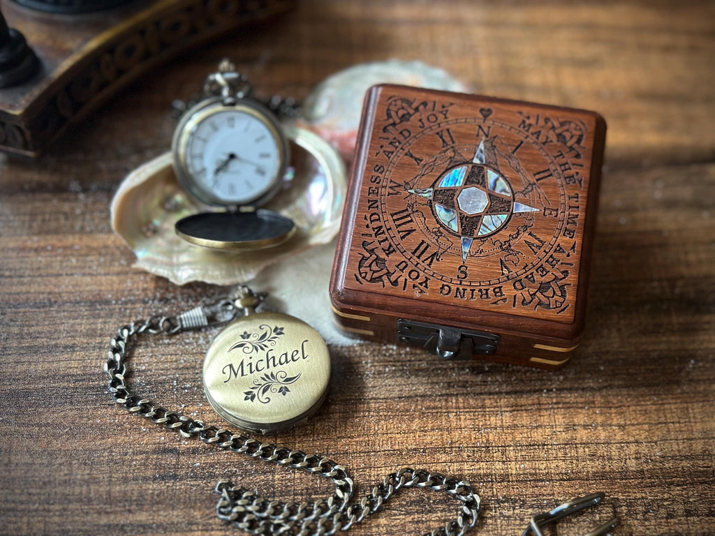 Personalized Pocket Watch in Abalone Decorated Keepsake Box - Sentimental Gifts for Boyfriend - Groomsmen Gift